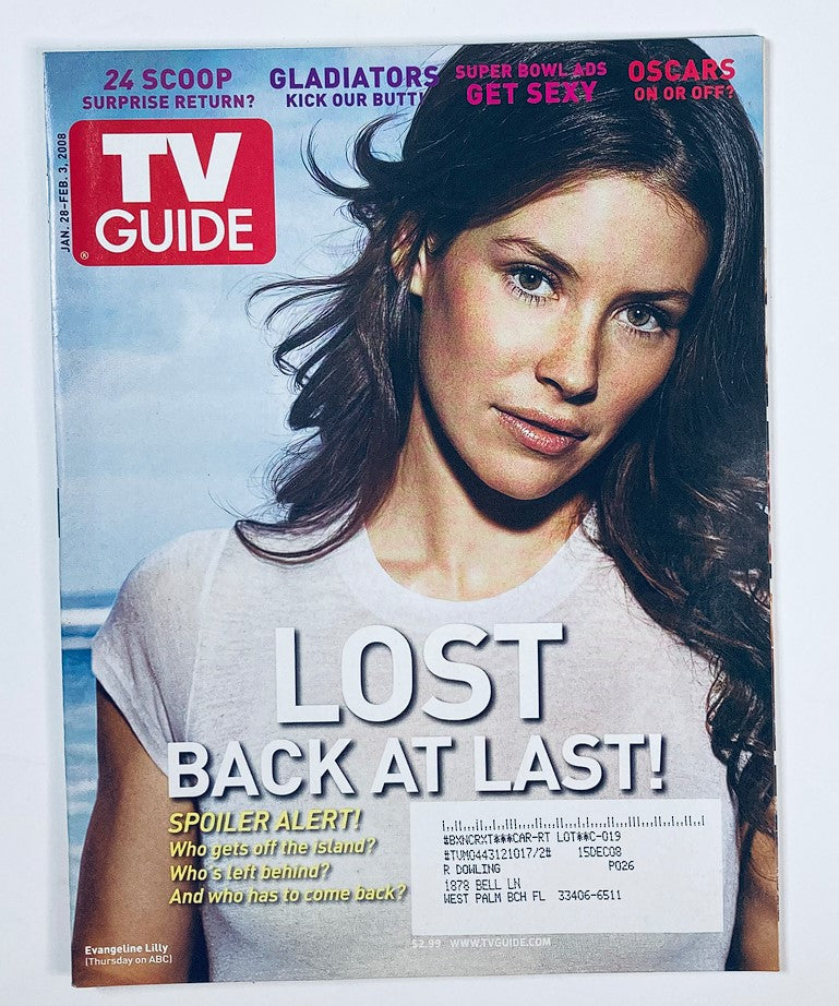 Cover of TV Guide Magazine January 28 2008 Vol 56 #4 featuring Evangeline Lilly with the headline 'LOST BACK AT LAST!'. This vintage publication highlights iconic television moments.