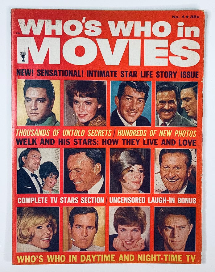 Cover of VTG Who's Who In Movies No. 4 1969 featuring Elvis Presley and Barbra Streisand, showcasing classic cinema with vibrant graphics and images of various stars.