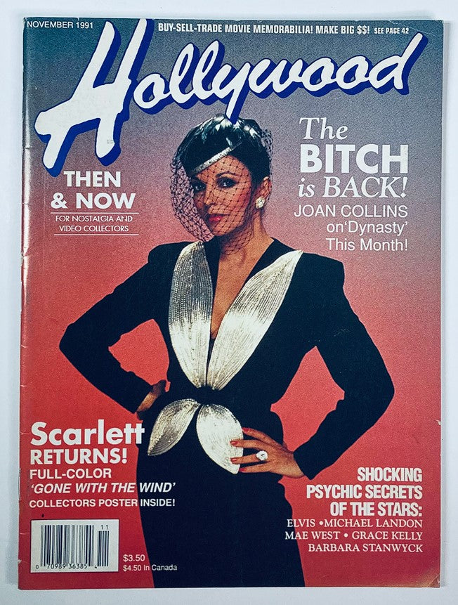Cover of Hollywood Studio Magazine Then & Now, November 1991 featuring Joan Collins. The headline reads 'The Bitch is BACK!' and includes a reference to the show Dynasty and a photo of Joan Collins.