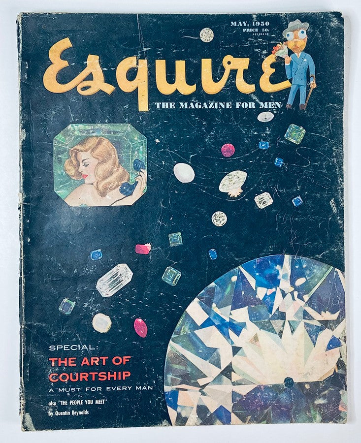 Cover of VTG Esquire Magazine May 1950 No. 198 featuring an artistic depiction of courtship with vibrant illustrations, showcasing gemstones and romantic imagery.