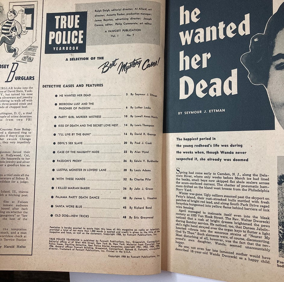 Inside page of VTG True Police Yearbook 1956 No. 7 showcasing a selection of mystery cases and features, including "He Wanted Her Dead."