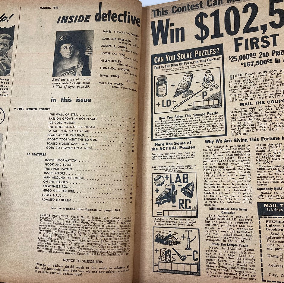 Interior page of VTG Inside Detective Magazine March 1951, featuring the contents including the story 'The Wall of Eyes.' The page illustrates articles and features typical of mid-20th century detective magazines.