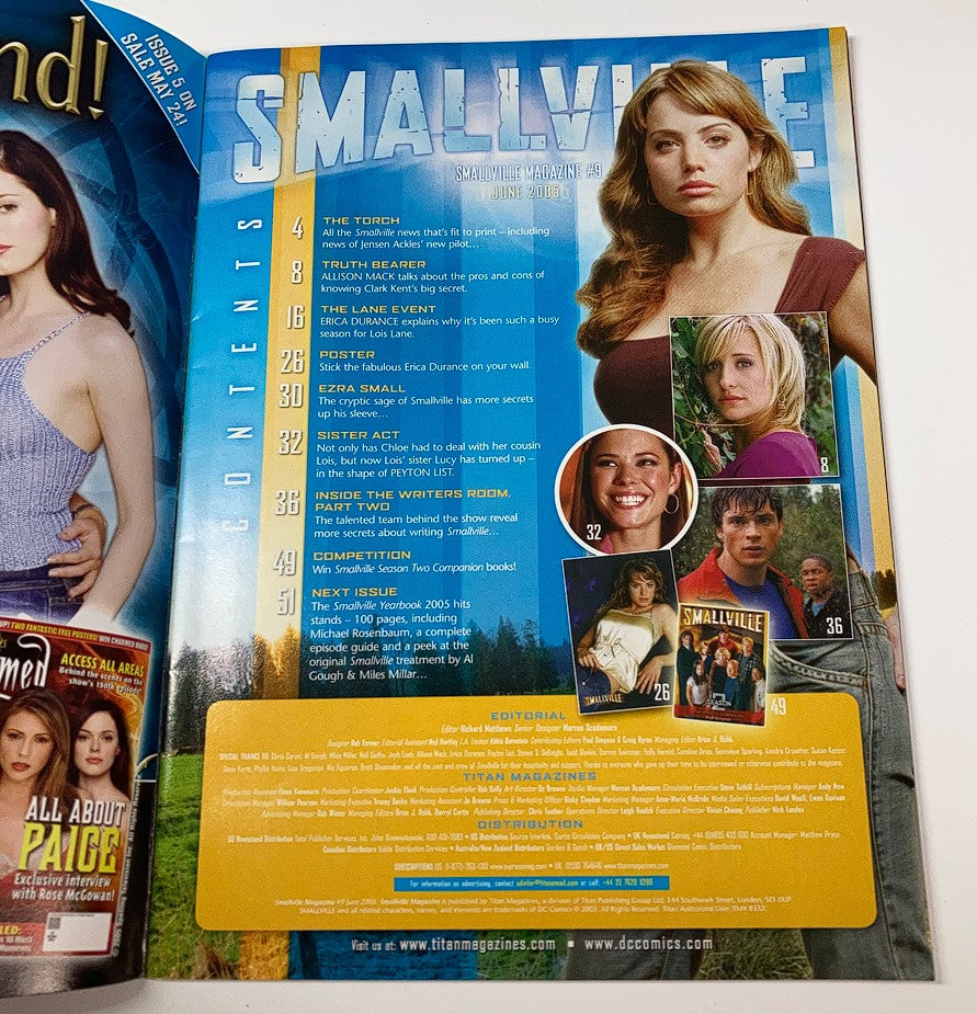 Contents page of Smallville Magazine June 2005 #9, showcasing featured articles, insights into Erica Durance and Allison Mack, and highlights of the show.