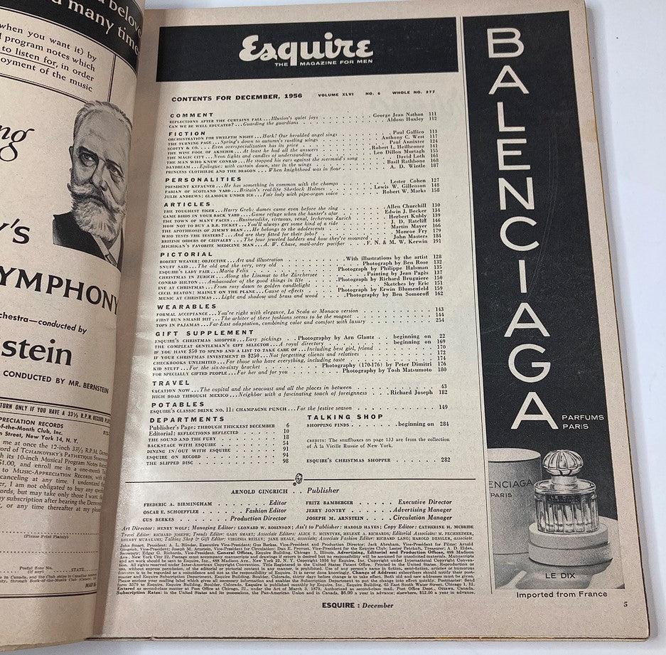 Esquire Magazine December 1956 No. 277 contents page featuring articles, personalities, and advertisements, showcasing mid-century culture and fashion.