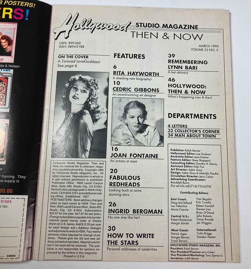 Interior page of Hollywood Studio Magazine Then & Now March 1990, showcasing features on Rita Hayworth, Joan Fontaine, and Ingrid Bergman along with magazine details and articles.