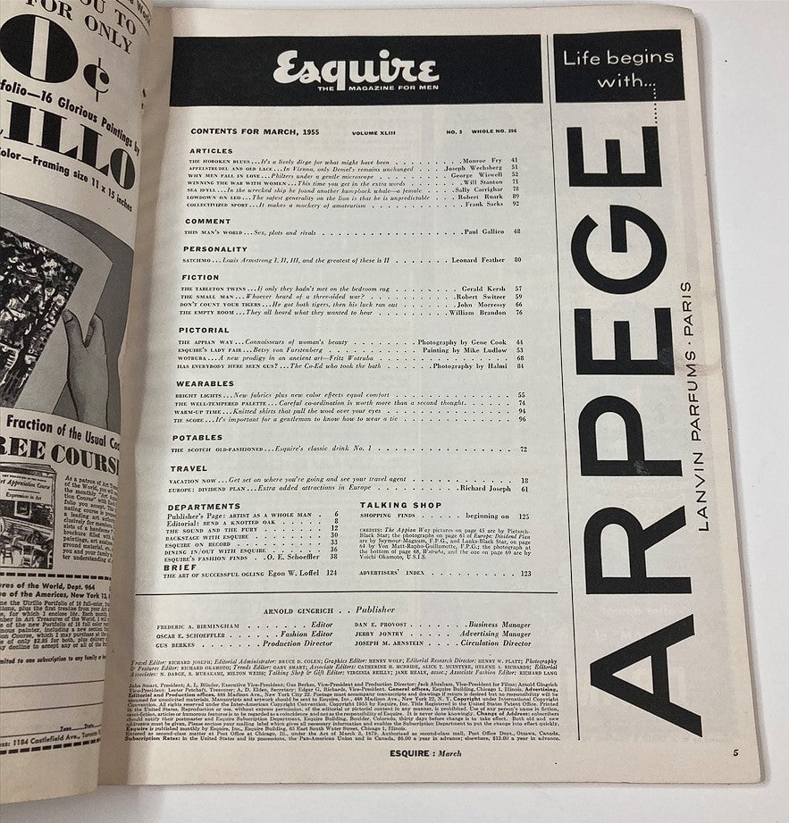 Contents page of VTG Esquire Magazine March 1955 No. 256 featuring articles and editorial information, showcasing the title and details from a classic publication.