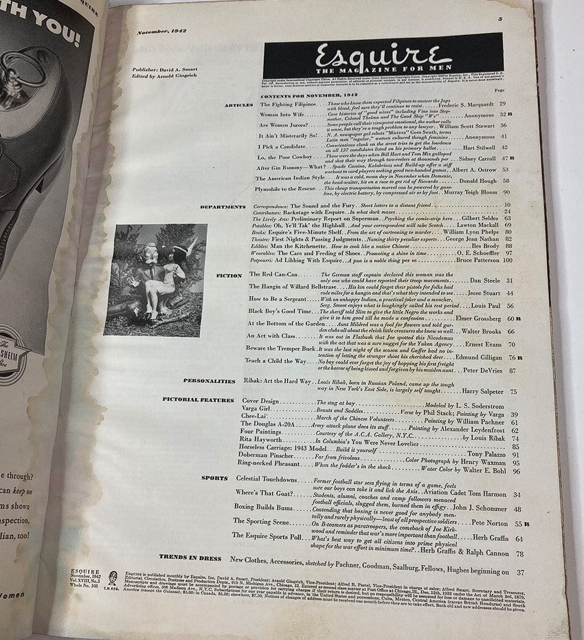 Inside page of VTG Esquire Magazine November 1942, issue number 108, showcasing the table of contents with a detailed layout and thematic articles related to American culture.