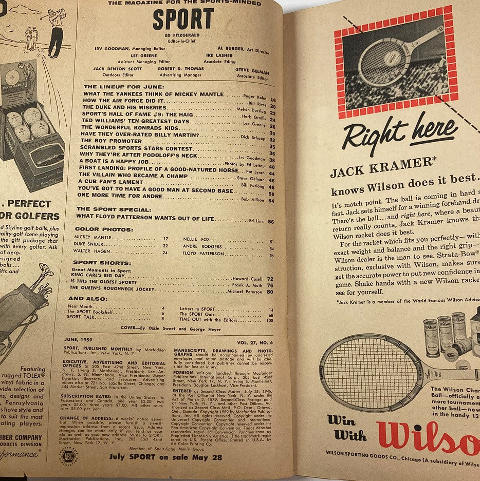 Interior page of VTG Sport Magazine June 1959 Vol 27 #6 displaying the table of contents and editorial information, highlighting articles on Mickey Mantle, Ted Williams, and other sports topics.