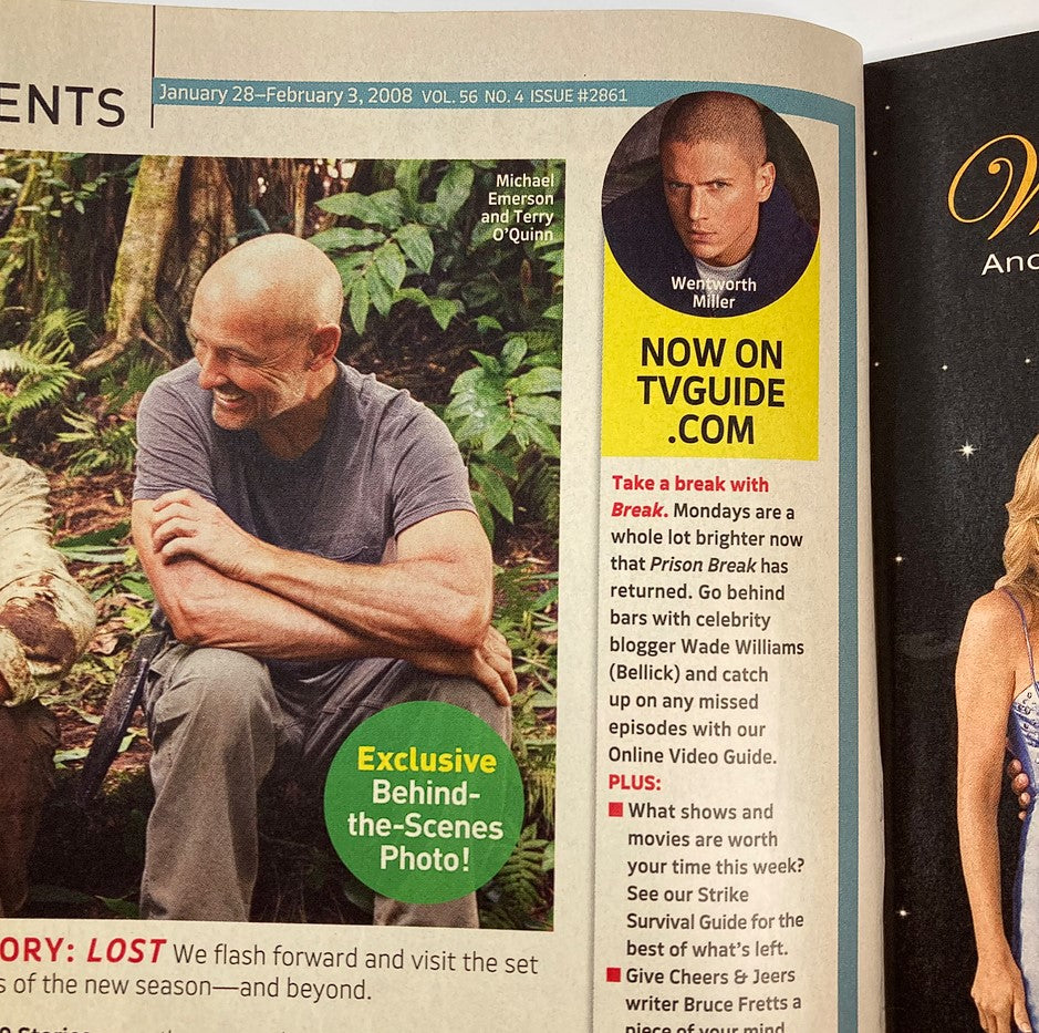 Inside page of TV Guide Magazine January 28 2008 Vol 56 #4 showcasing Wentworth Miller alongside Michael Emerson and Terry O'Quinn, promoting exclusive behind-the-scenes content from the hit show 'Prison Break'.