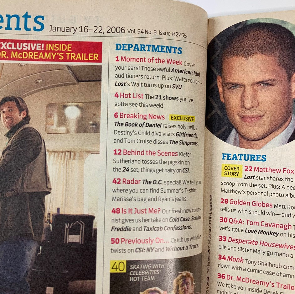 Contents page of TV Guide Magazine January 16 2006, Volume 54, Issue 3, highlighting features and articles including a special on Matthew Fox and his role in 'Lost'.
