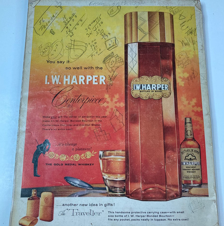 I.W. Harper advertisement from Esquire Magazine December 1956 No. 277, highlighting bourbon with a colorful design and vintage appeal.