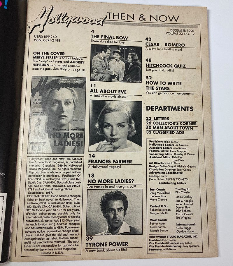 Interior page of the VTG Hollywood Studio Magazine Then & Now, December 1990, displaying contents including articles about Meryl Streep, Frances Farmer, and Tyrone Power. Highlights the magazine's focus on classic film history and notable personalities.