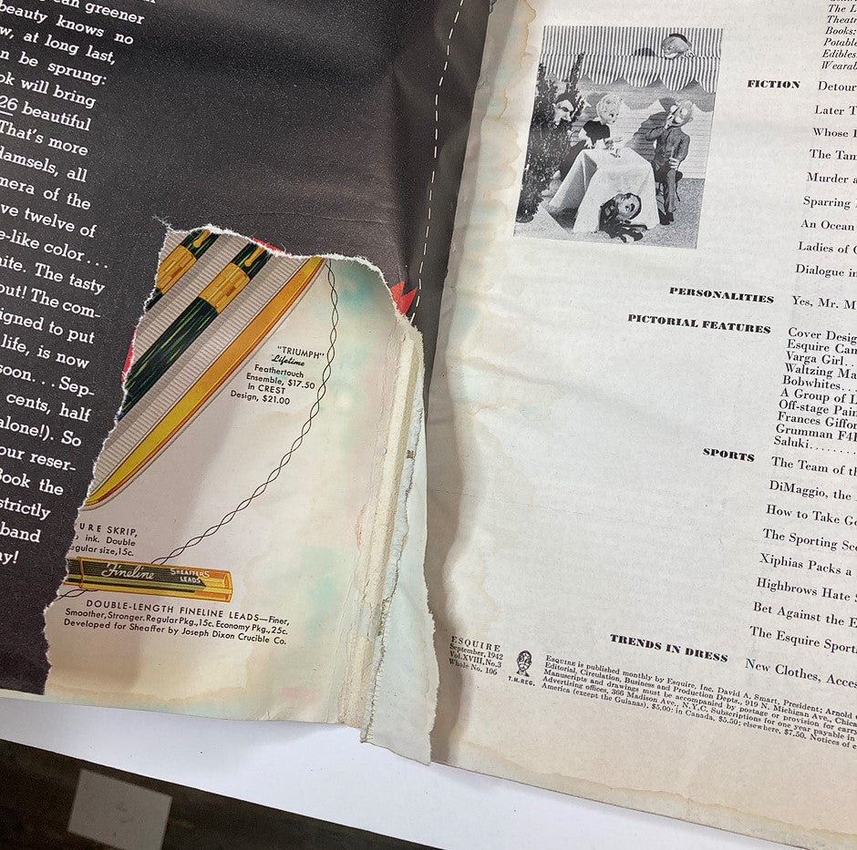 Inside of VTG Esquire Magazine September 1942 No. 106 The Death-and-Glory Boys, showing a page with an advertisement and articles from the era.