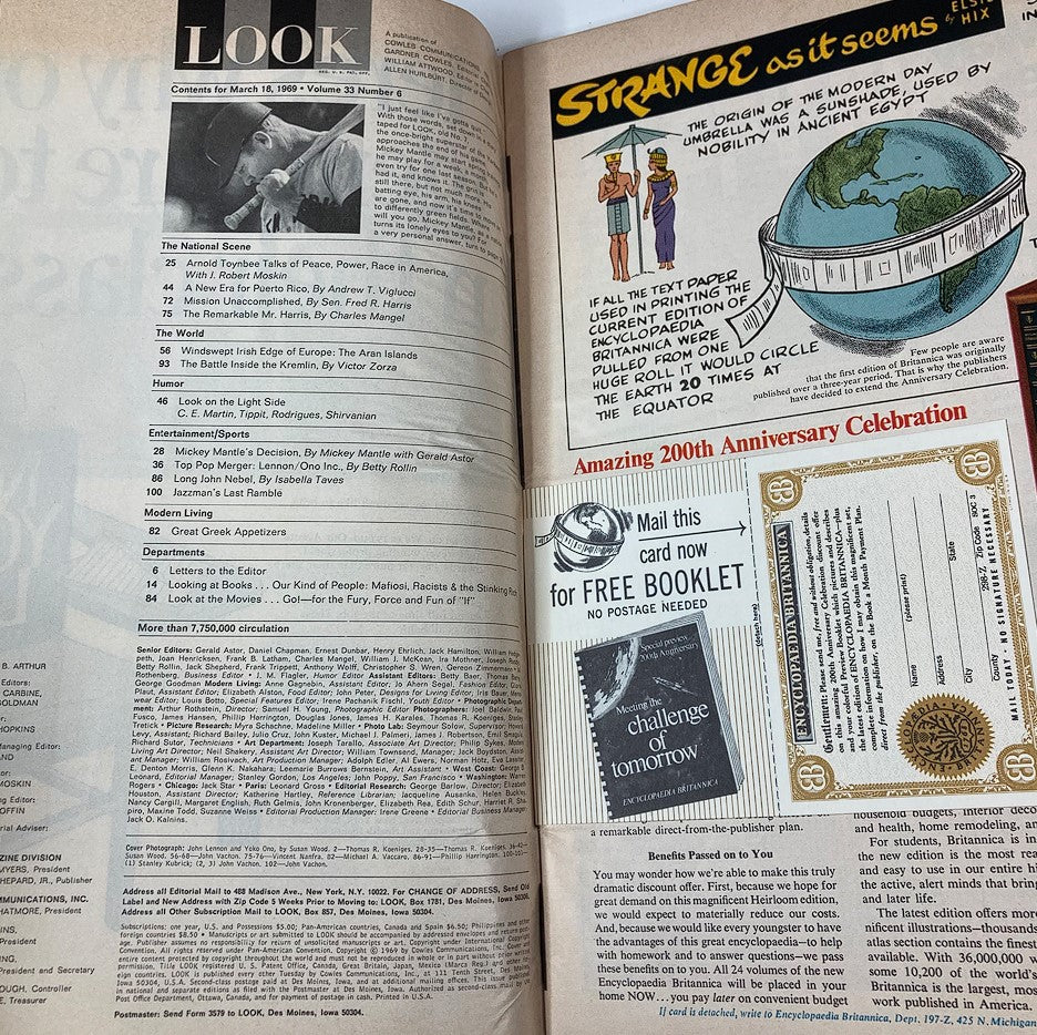 Inside page of VTG Look Magazine March 18 1969 Vol 33 #6 showcasing the contents and features of the issue.