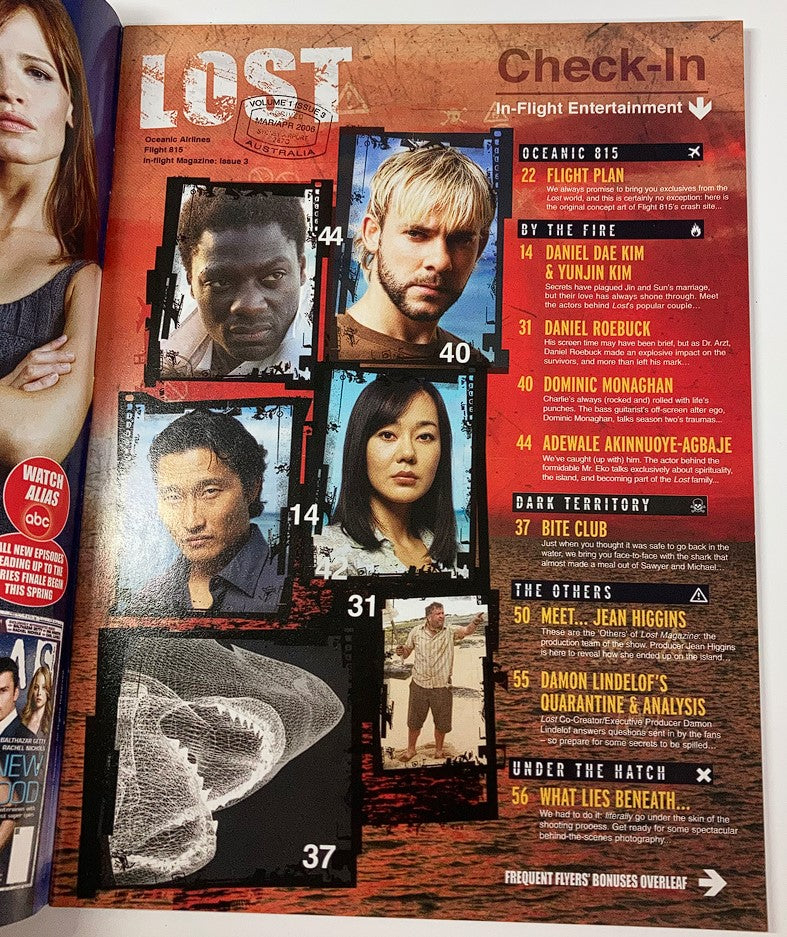 Inside page of Lost The Official Magazine March 2006 showcasing flight plan and details about cast members including Daniel Dae Kim and Dominic Monaghan.