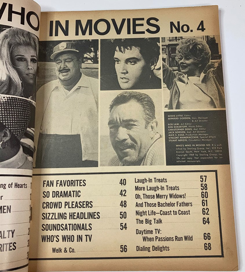Interior page of VTG Who's Who In Movies No. 4 1969, displaying notable figures including Elvis Presley with a table of contents highlighting features in classic film and television.