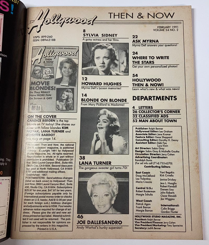 Hollywood Studio Magazine Then & Now from February 1991 featuring Candice Bergen and Kim Novak. The page displays a magazine cover with headlines highlighting iconic actors, including Sylvia Sidney and Lana Turner, and offers a glimpse into Hollywood's cultural landscape in the early 1990s.