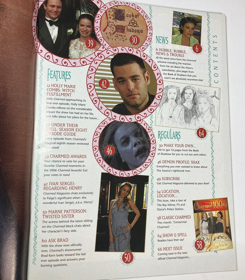 Contents page of Charmed Magazine June 2006 #11, highlighting features and articles including an interview with Holly Marie Combs.
