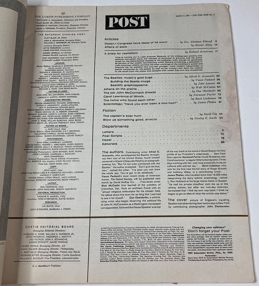 Table of contents for VTG The Saturday Evening Post Magazine March 21 1964 No. 11 featuring articles including The Beatles and more.