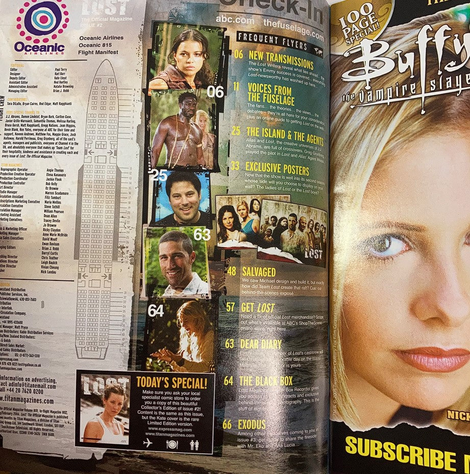 Interior page of Lost The Official Magazine January 2006 #2 showcasing advertisements, articles, and references related to the show and its characters.