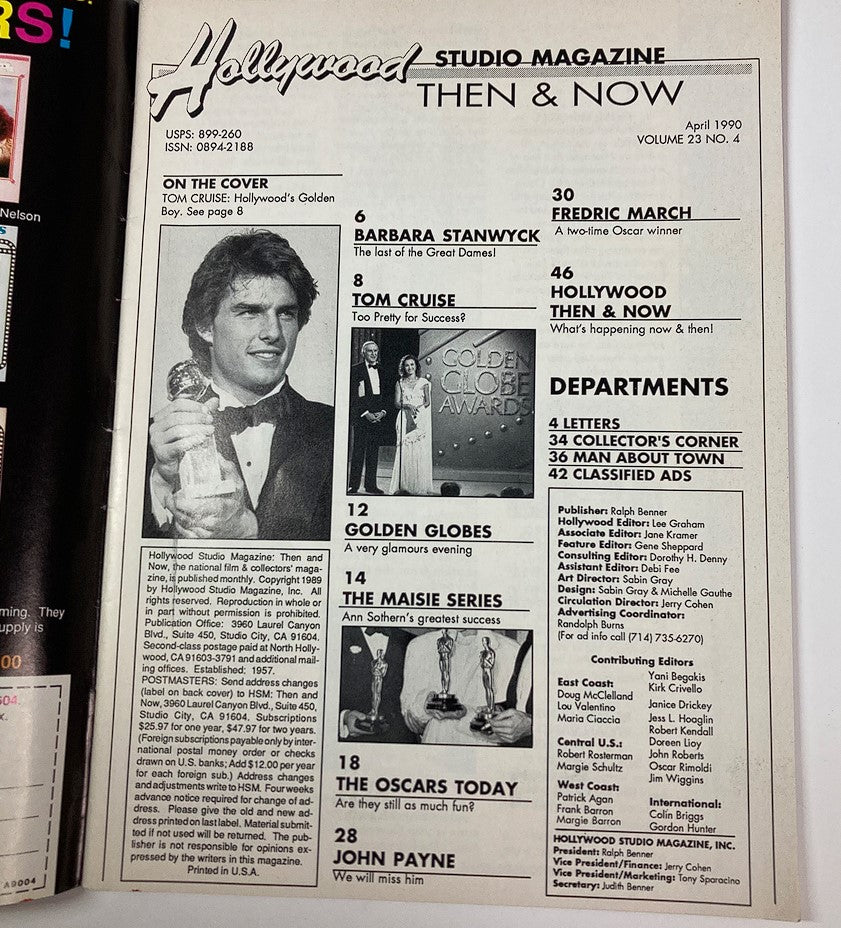Cover page of Hollywood Studio Magazine Then & Now, April 1990 featuring Tom Cruise with a Golden Globe award, highlighting the entertainment industry of the late 80s and early 90s.