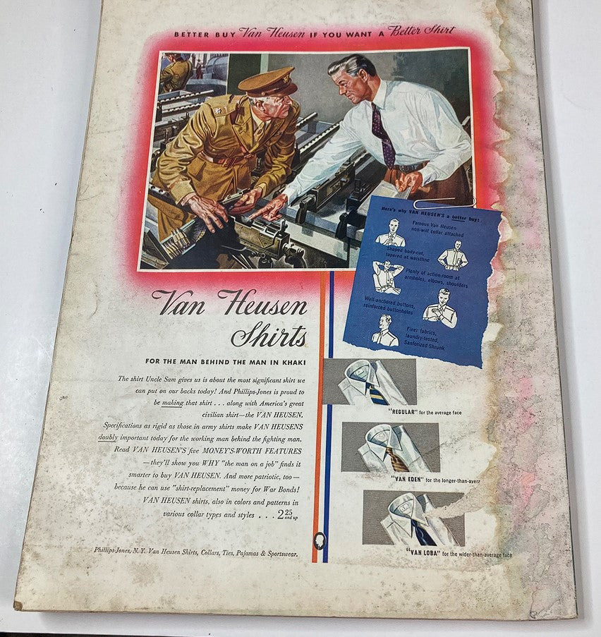 Vintage advertisement page for Van Heusen Shirts, showcasing styles and features for soldiers, from the November 1942 issue of VTG Esquire Magazine No. 108, The American Indian Style.