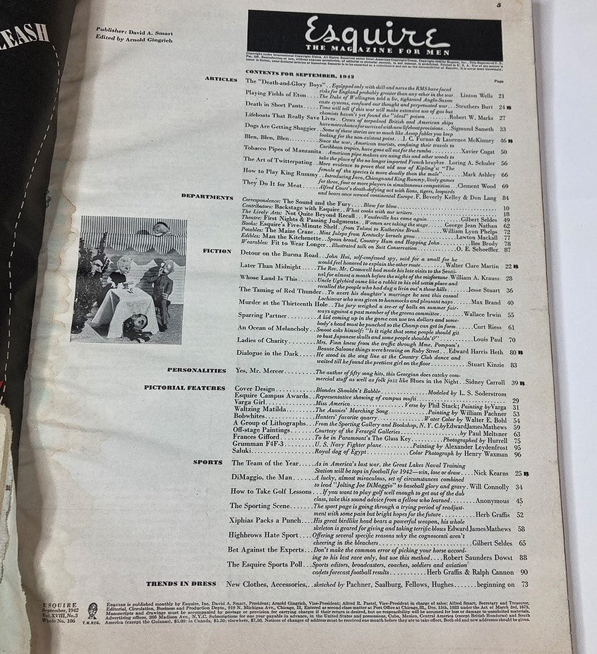 Contents page of VTG Esquire Magazine September 1942 No. 106 The Death-and-Glory Boys, listing articles and features of the magazine.