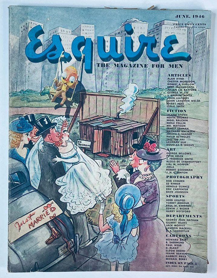 Vintage Esquire Magazine June 1946 No. 151 featuring a whimsical cover illustration, depicting a recently married couple and a lively gathering, showcasing the essence of post-World War II culture and fashion.