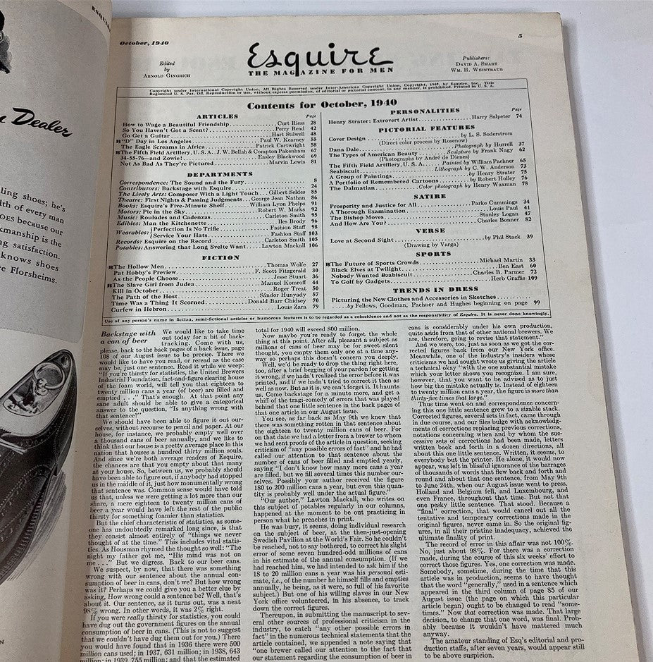 Contents page of VTG Esquire Magazine October 1940 listing featured articles and sections, including insights into American culture and literature of the time.
