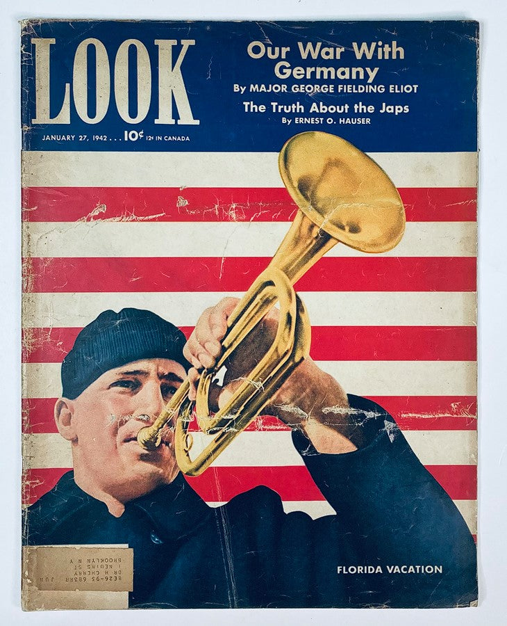 VTG Look Magazine January 27 1942 Volume 6 Number 2 cover featuring a Navy bugler on vacation in Florida with bold graphics and patriotic colors.