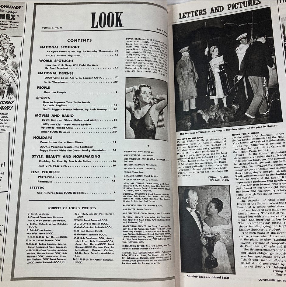VTG Look Magazine July 1 1941 Vol 5 #13 featuring contents page with topics including an open letter by Dorothy Thompson, sports, movies, beauty, and letters from readers.