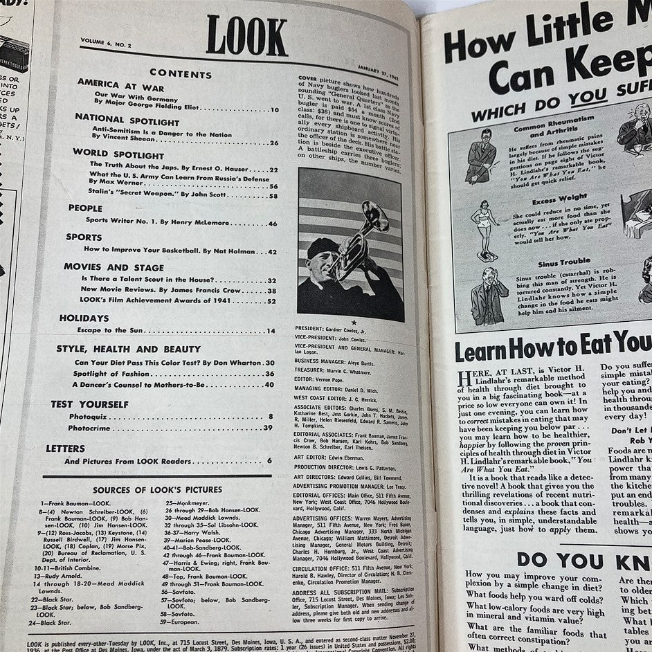 VTG Look Magazine January 27 1942 Volume 6 Number 2 interior page showing the table of contents and articles related to World War II and American lifestyle.
