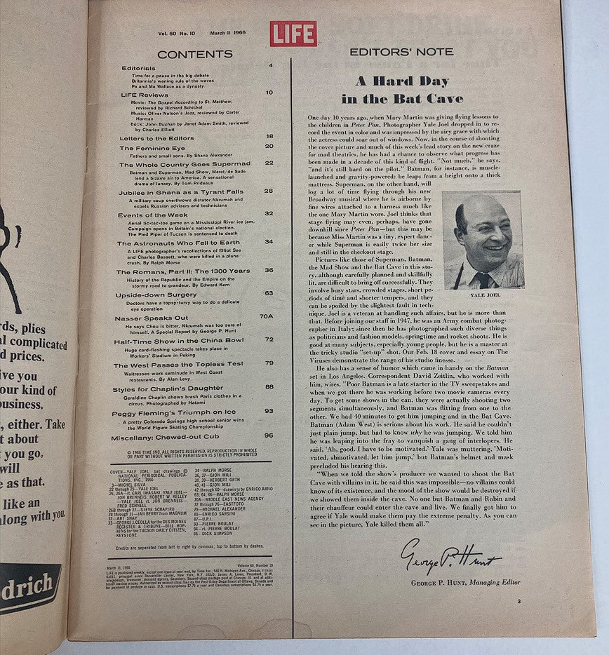 Contents page of VTG Life Magazine March 11 1966 featuring articles and editorials, highlighting Batman's rise in popularity.