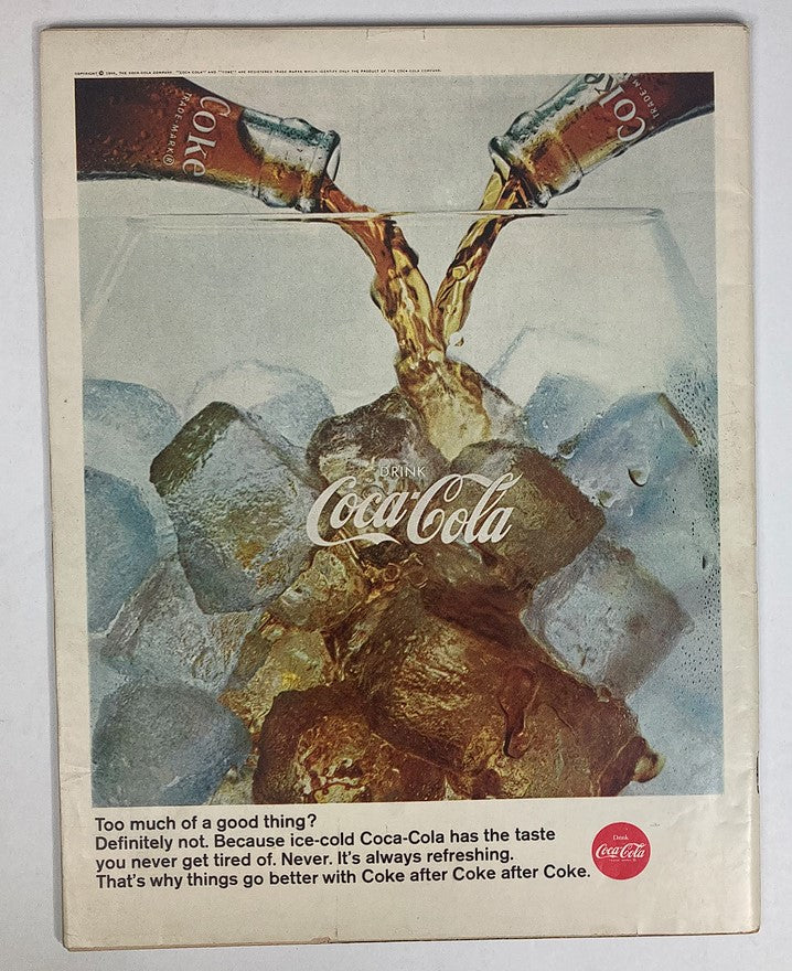 Back cover of VTG Life Magazine March 11 1966 advertising Coca-Cola, showcasing the beverage with ice and a catchy slogan.