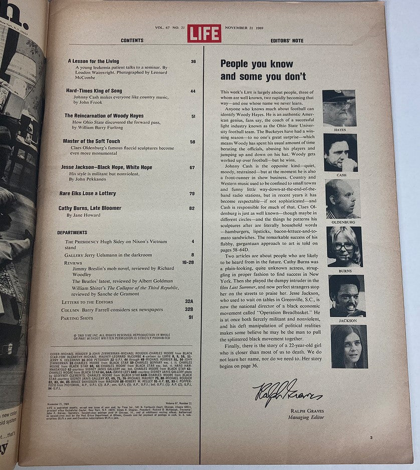 Contents page of VTG Life Magazine November 21, 1969, Volume 67, Issue 21, showcasing articles including 'A Lesson for the Living' and 'Hard-Times King of Song'.