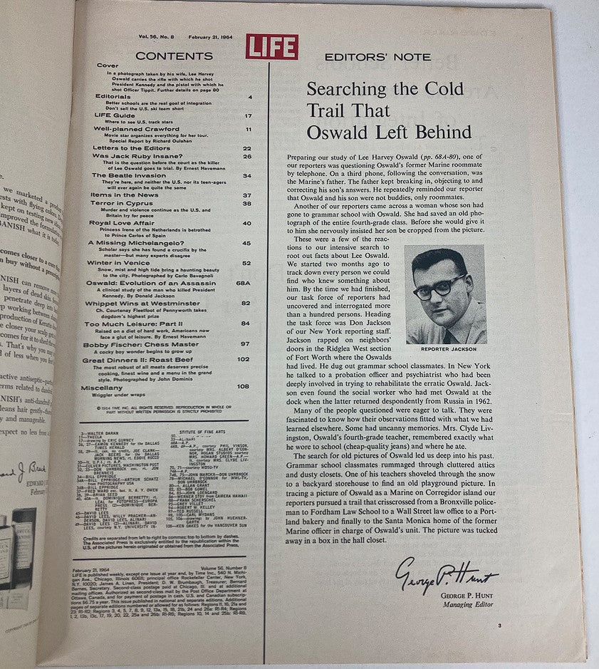 VTG Life Magazine February 21 1964 content page, including an editor's note about Lee Oswald.