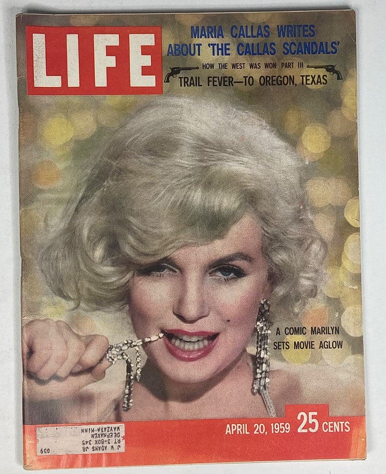 Cover of VTG Life Magazine from April 20, 1959, Vol 46 #16 featuring Marilyn Monroe with striking hairstyle, showcasing retro glamour and iconic pop culture elements.