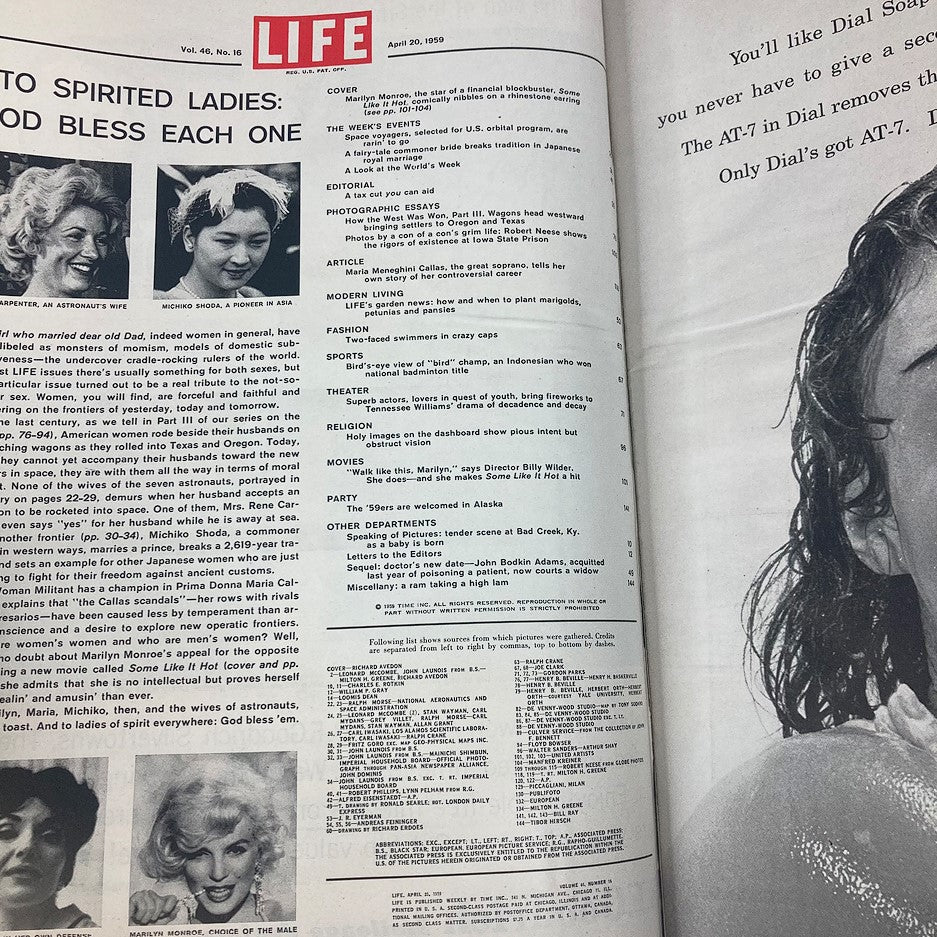 Interior page of VTG Life Magazine April 20, 1959, Vol 46 #16 displaying articles and features, providing insights into the lifestyles and events of the late 1950s.