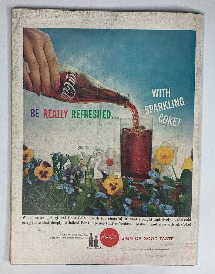 Vintage advertisement from VTG Life Magazine April 20, 1959 Vol 46 #16 featuring Coca-Cola. The image shows a hand pouring Coke into a glass amidst colorful spring flowers, promoting the refreshing drink. Perfect for collectors and fans of 1950s nostalgia.
