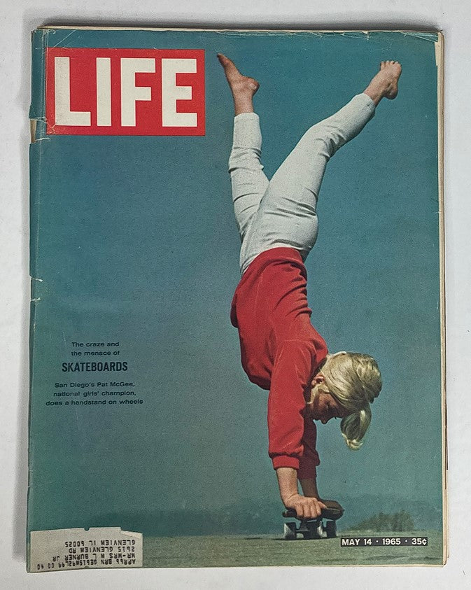 Cover of VTG Life Magazine May 14, 1965, featuring a girl doing a handstand on a skateboard, highlighting San Diego's Pat McGee.