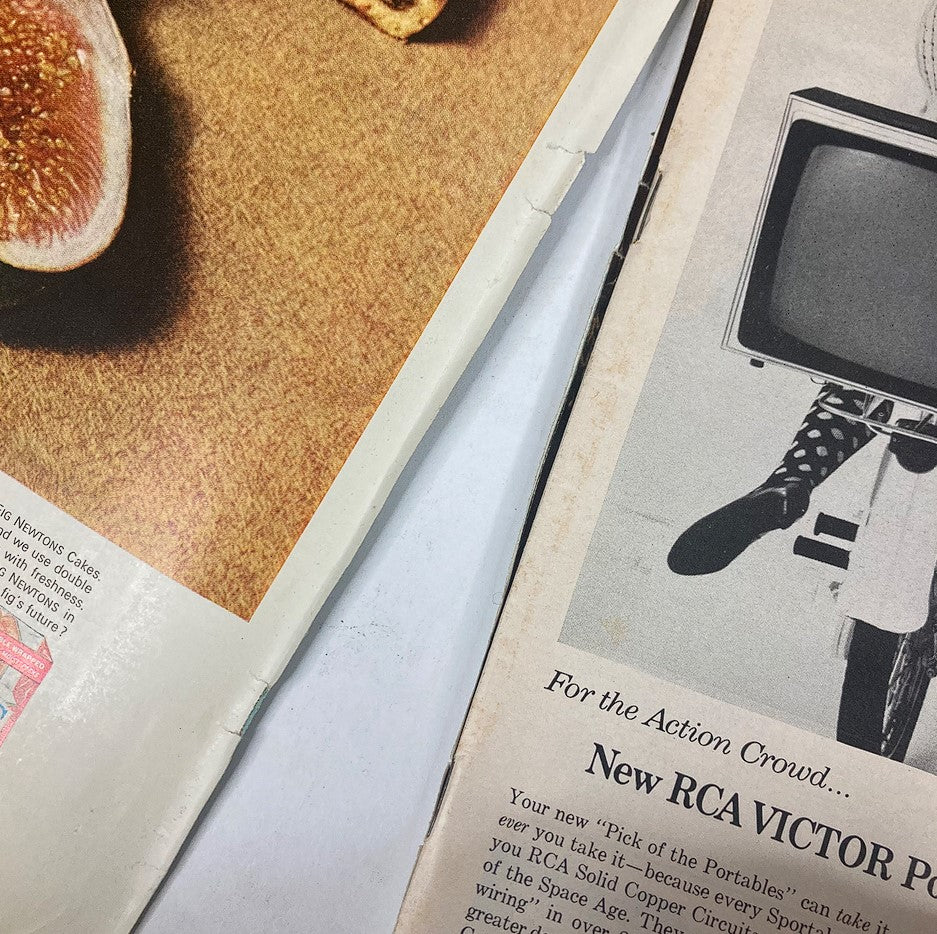 Interior page of VTG Life Magazine May 14, 1965, showcasing a food advertisement with Newton cakes and a vintage RCA television ad.