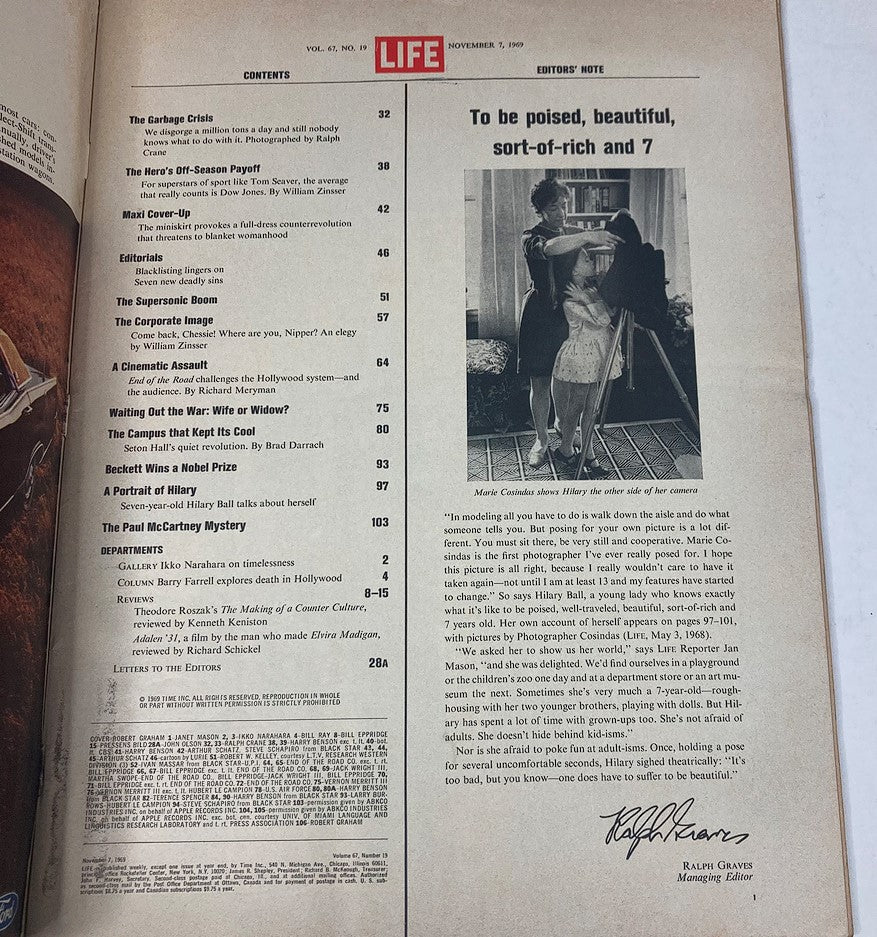 Contents page of Life Magazine dated November 7, 1969, listing features including the Paul McCartney mystery.