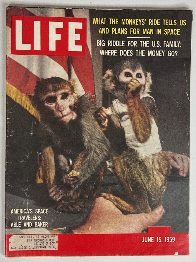 Cover of VTG Life Magazine June 15 1959 Vol 46 #24 featuring Space Monkeys Able and Baker with headlines about space travel and finance.