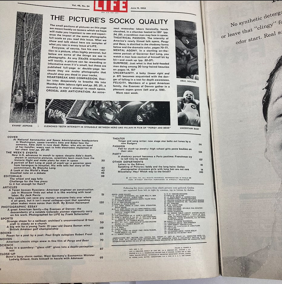 Interior page from VTG Life Magazine June 15 1959 Vol 46 #24 showcasing articles related to the space program and cultural themes of the era.