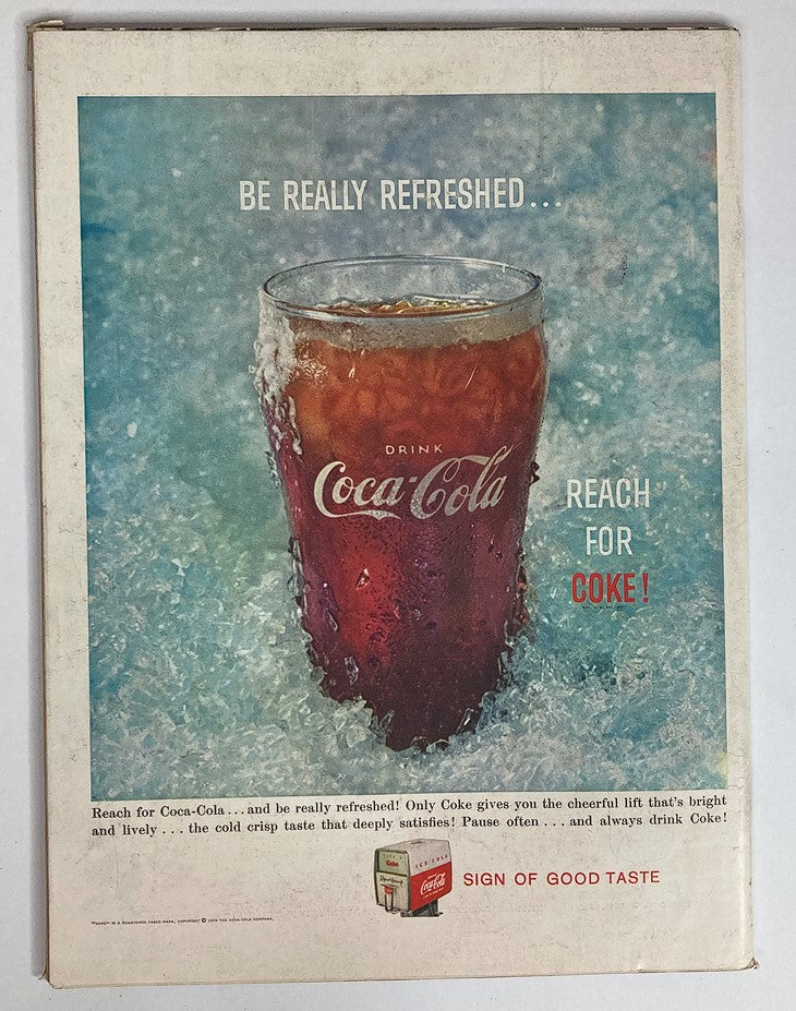 Back cover of VTG Life Magazine June 15 1959 Vol 46 #24 featuring a vintage Coca-Cola advertisement with a glass of Coke on ice.