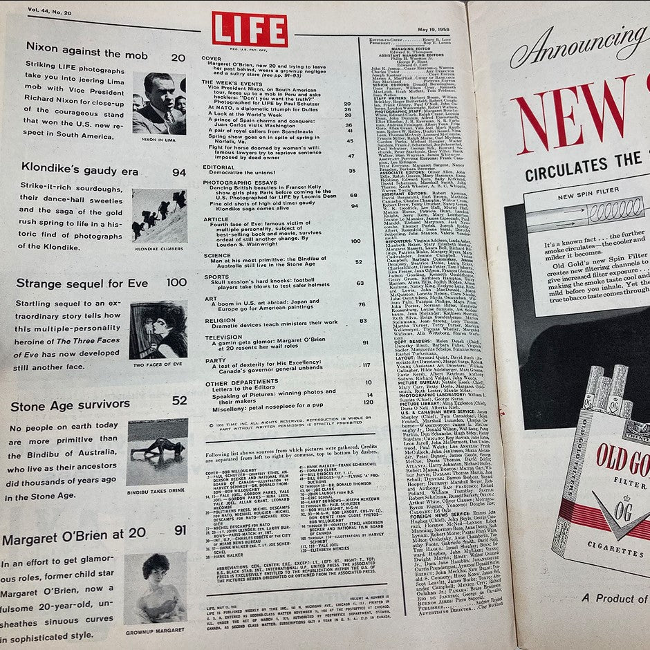 Interior page of VTG Life Magazine May 19 1958 Vol 44 #20 showing table of contents with features including articles about Nixon and a spotlight on Margaret O'Brien.