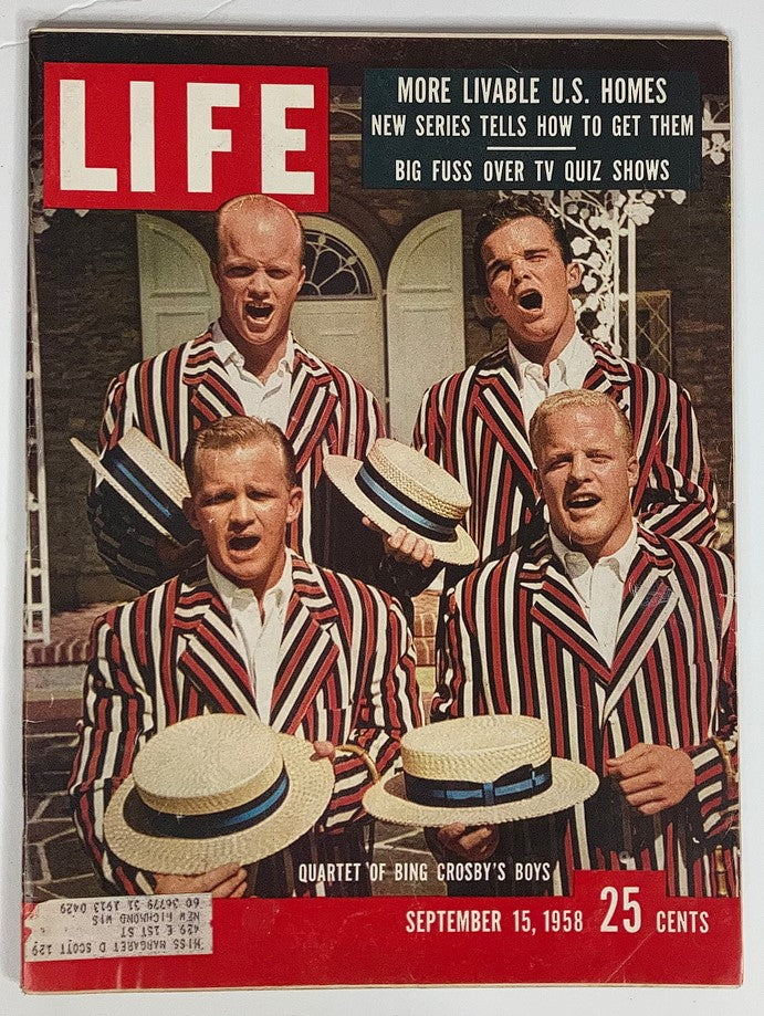 Cover of VTG Life Magazine from September 15, 1958, Vol 45 #11, featuring the quartet of Bing Crosby's sons in striped jackets, showcasing vibrant colors and nostalgic Americana.