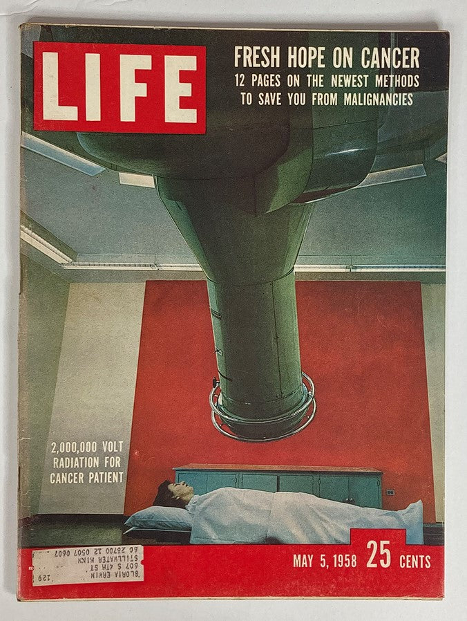 Cover of VTG Life Magazine May 5 1958, Volume 44, Issue #18, featuring the title 'Fresh Hope on Cancer' and an image of radiation treatment equipment for cancer patients.