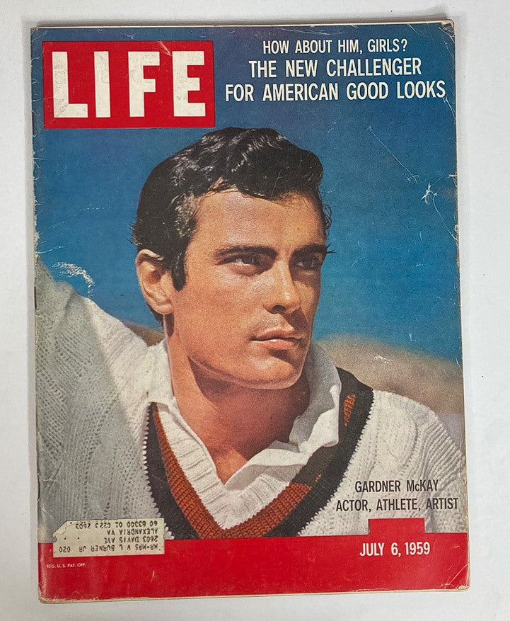 Cover of VTG Life Magazine July 6, 1959 featuring Gardner McKay with the headline 'How About Him, Girls?'. The image captures a handsome young man in a cozy sweater against a bright blue background.