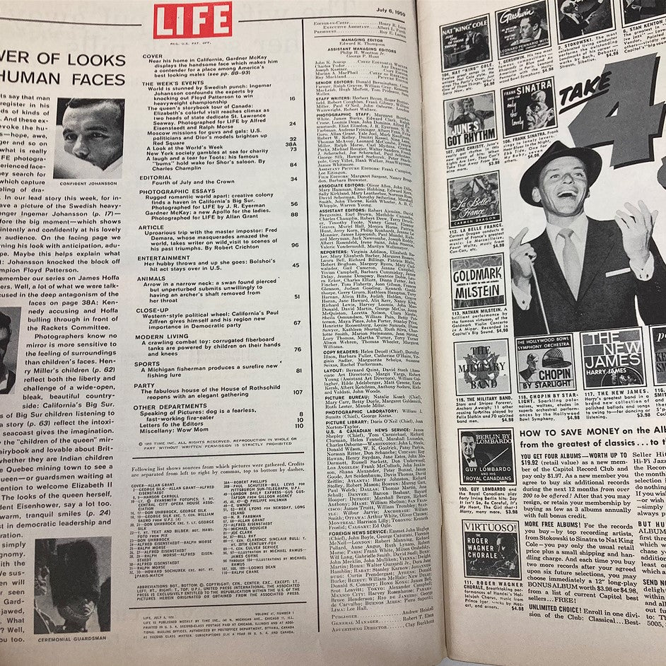 Interior page of VTG Life Magazine July 6, 1959 showcasing the contents page with various articles and photographs, reflecting the magazine's appeal in the late 1950s.